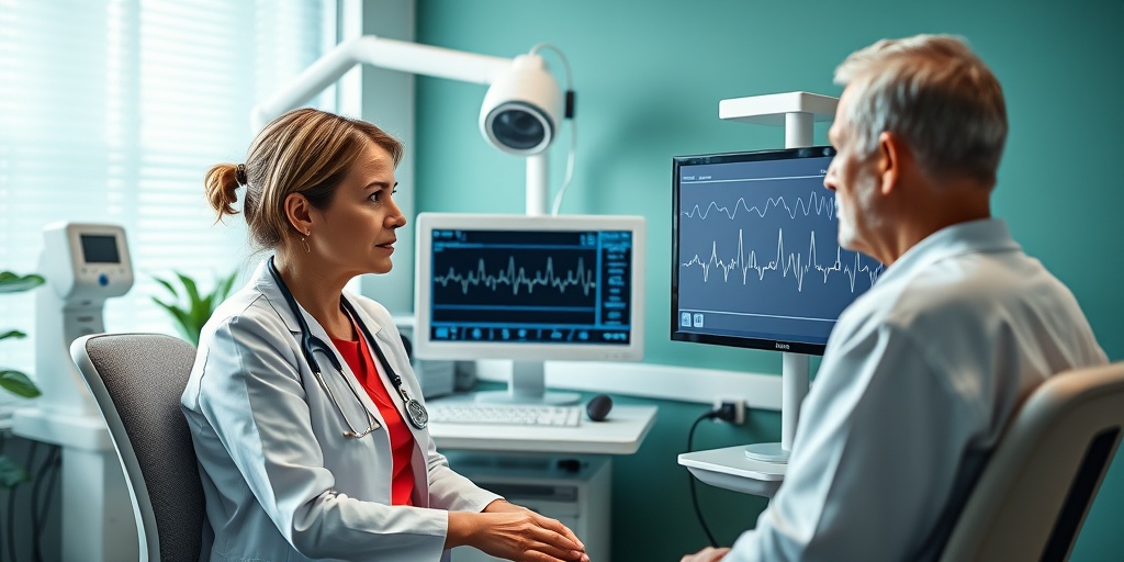 A healthcare professional conducts an ECG test, explaining the procedure in a modern medical office with calming colors.  4.png