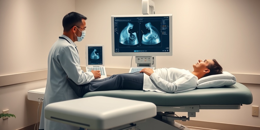 A healthcare professional conducts an echocardiogram on a patient, surrounded by a soothing environment of creamy whites and greens.  4.png