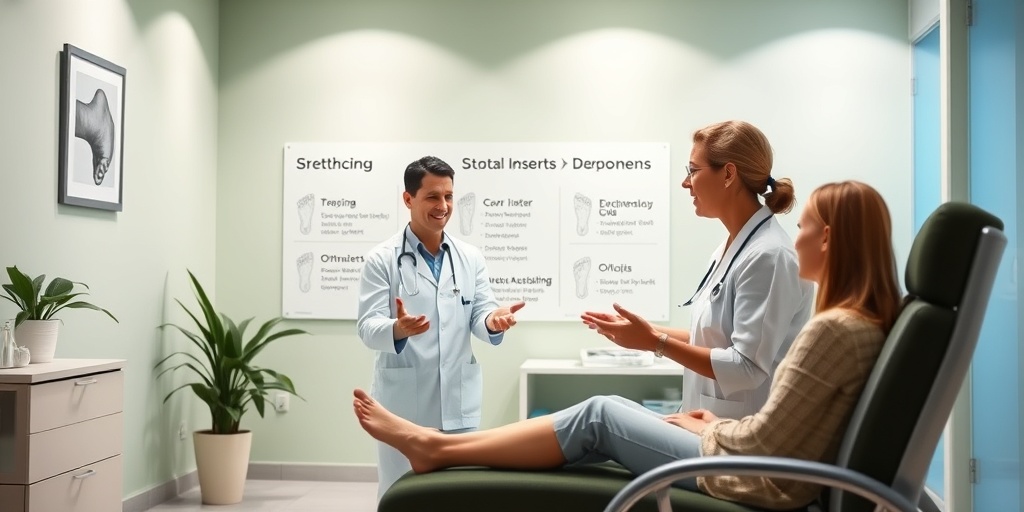 A healthcare professional demonstrates plantar fasciitis treatments in a bright clinic, symbolizing hope with calming colors.4.png