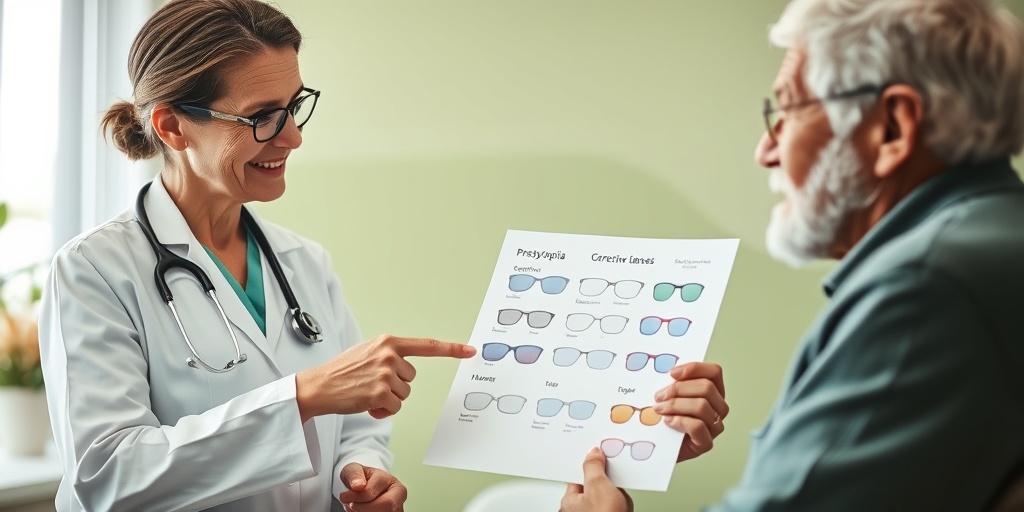 A healthcare professional discusses presbyopia treatments with a patient, conveying hope in a welcoming clinic environment.4.png