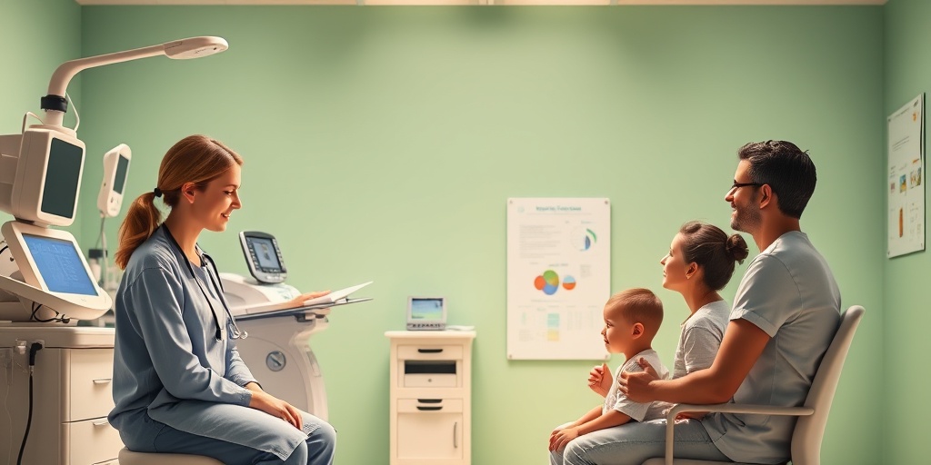 A healthcare professional discusses treatment options with a family in a modern clinic, promoting hope and healing.  4.png