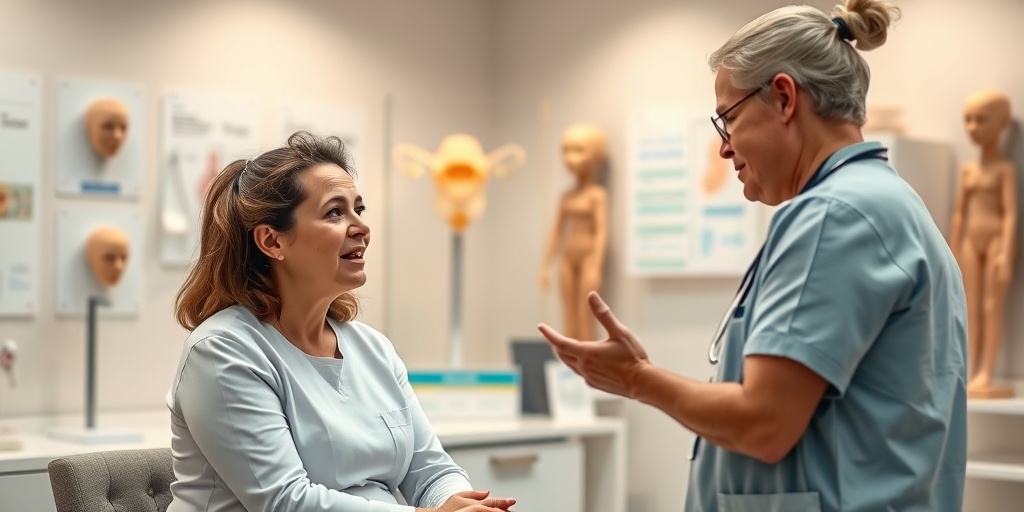 A healthcare professional discusses uterine fibroid treatments with a patient in a modern office, fostering trust with warm, inviting lighting.4.png