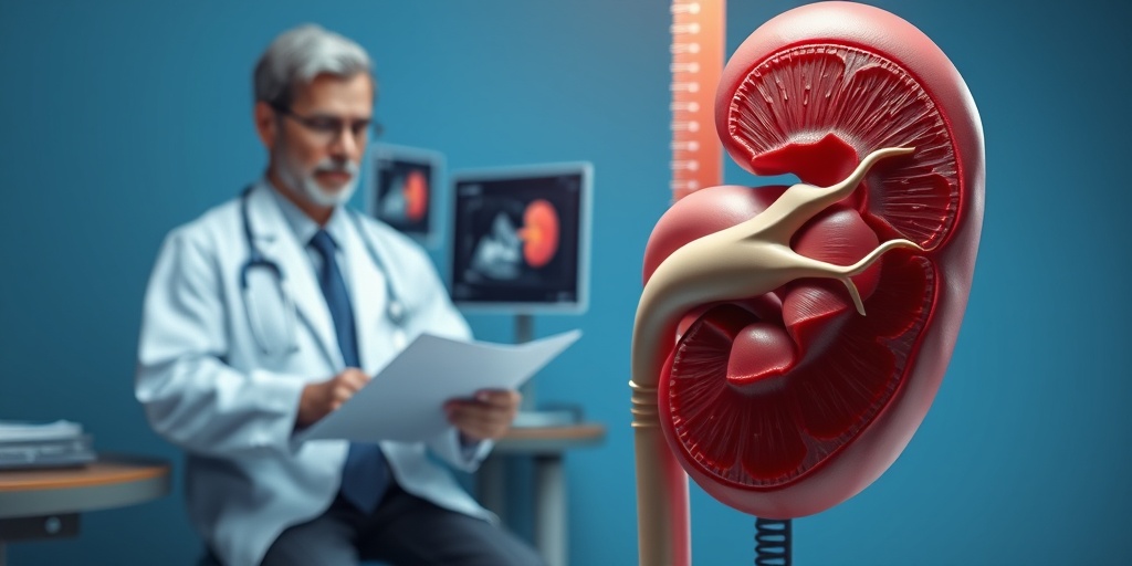 A healthcare professional examining a patient's medical history in a clinical setting, with a detailed kidney model nearby.4.png