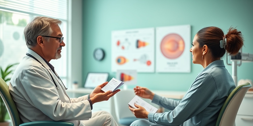 A healthcare professional explains treatment options in a modern clinic, surrounded by diagrams, creating a supportive and calming atmosphere.  4.png