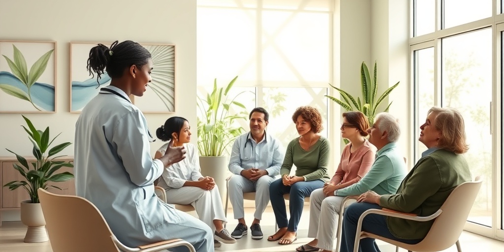 A healthcare professional leads a group discussion in a bright room, fostering collaboration among diverse patients.  2.png