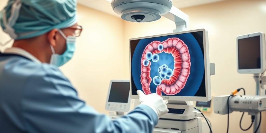 A healthcare professional performs a colonoscopy, highlighting advanced equipment and a monitor displaying polyps in high resolution.  3.png