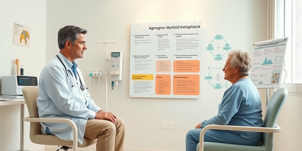 A healthcare provider discusses Agnogenic Myeloid Metaplasia treatments with a patient in a calming consultation room.  4.png