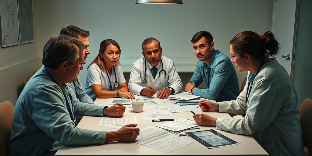A healthcare team discusses challenges at a table, showcasing determination amidst scattered papers and charts.  3.png