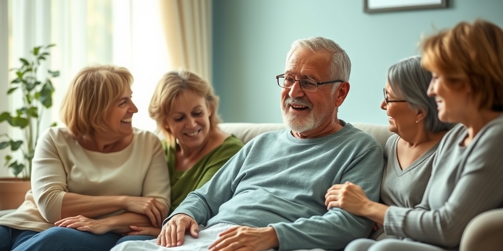 A heartwarming scene of a patient with pancreatic cancer surrounded by family, emphasizing love and support in a warm atmosphere.  5.png