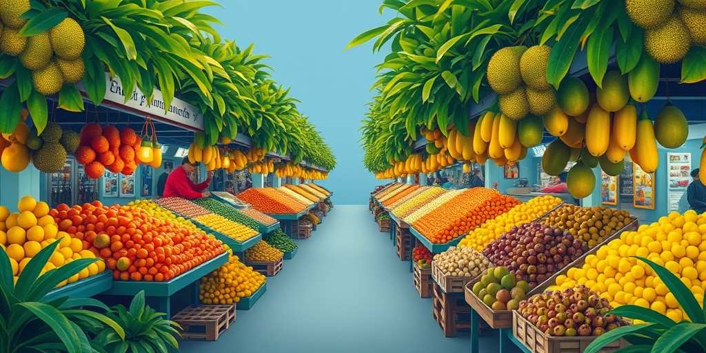 A lively marketplace scene with colorful stalls of jackfruit and passion fruit, surrounded by lush greenery and a warm atmosphere.4.png