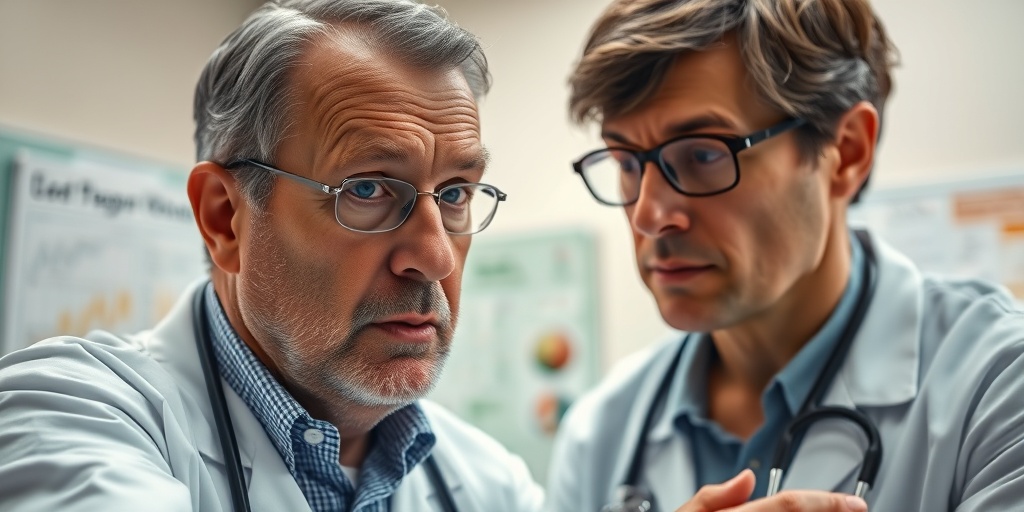 A medical professional attentively examining a startled patient in a well-lit examination room, emphasizing the importance of understanding symptoms.  2.png