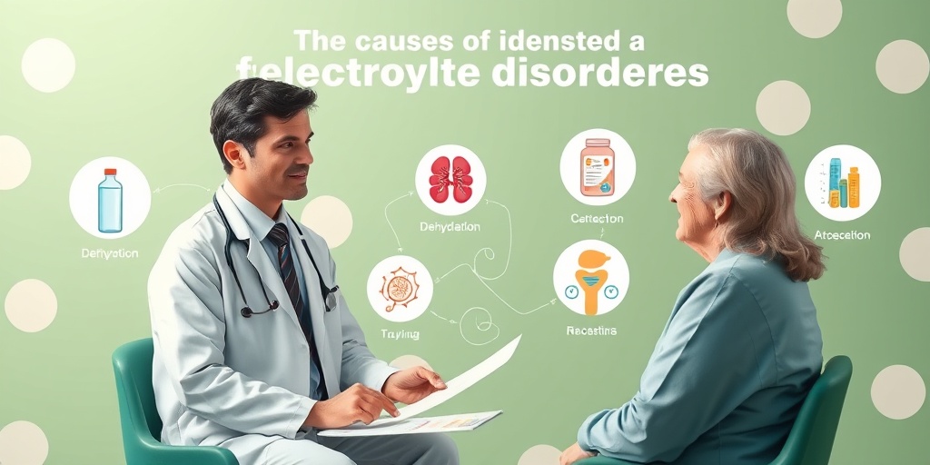 A medical professional compassionately explaining electrolyte disorder causes to a patient in a calming clinical environment. 4.png