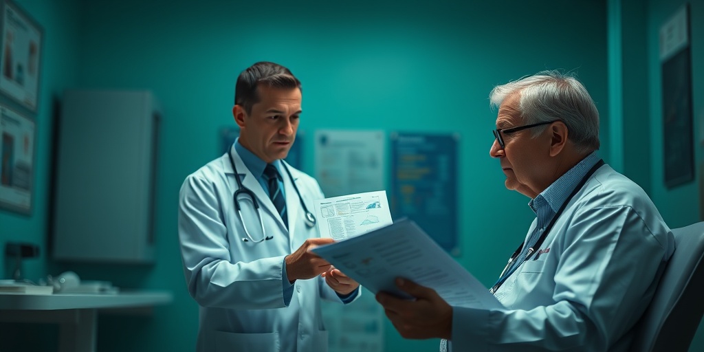 A medical professional diagnosing digestive disorders with a patient, surrounded by charts in a well-lit clinical environment.4.png