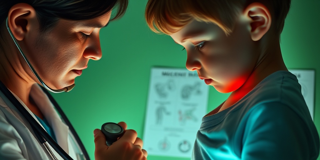 A medical professional examines a child's abdomen with a stethoscope, illuminated by cinematic lighting in a soothing environment.  2.png
