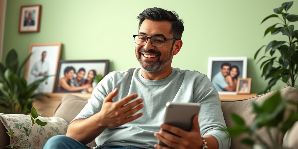 A middle-aged Hispanic man smiles during a video call with friends, surrounded by family photos, symbolizing resilience and support while living with HIV.  5.png