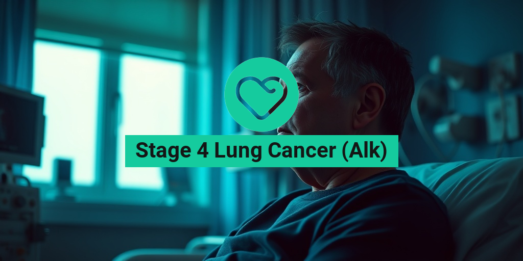 A middle-aged man reflects in a dim hospital room, illuminated by soft green light, showcasing resilience against cancer. • Yesil Health AI