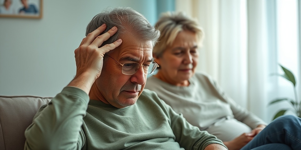 A middle-aged patient holds their head in discomfort, surrounded by supportive family in a softly lit room.2.png