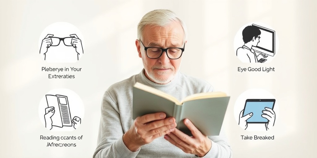 A middle-aged person practices eye exercises and reading habits, promoting proactive health management against presbyopia.5.png