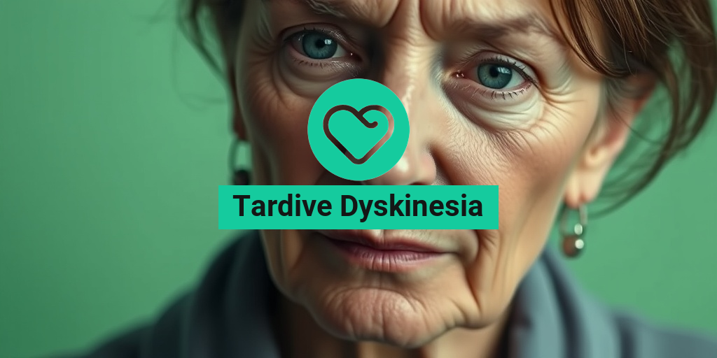 A middle-aged woman displays involuntary facial movements, reflecting confusion and resilience against a calming green background. β’ Yesil Health AI