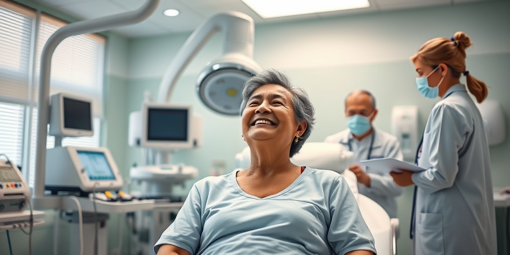 A modern treatment room displaying various lung cancer therapies, with a patient receiving care in a soothing green and white environment.4.png