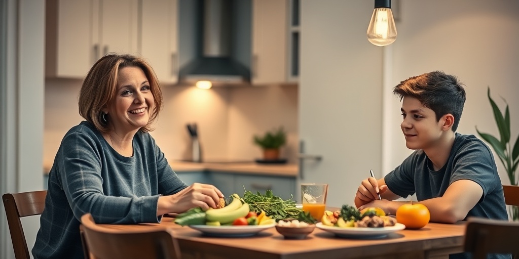 A mother and son enjoy a casual meal in a nurturing kitchen, fostering an open dialogue about sex.  2.png