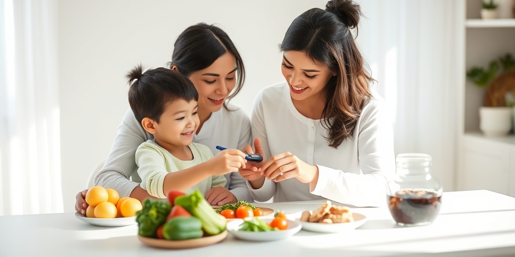 A parent guides their child using a glucometer, surrounded by healthy meals, in a bright and nurturing kitchen environment.  4.png