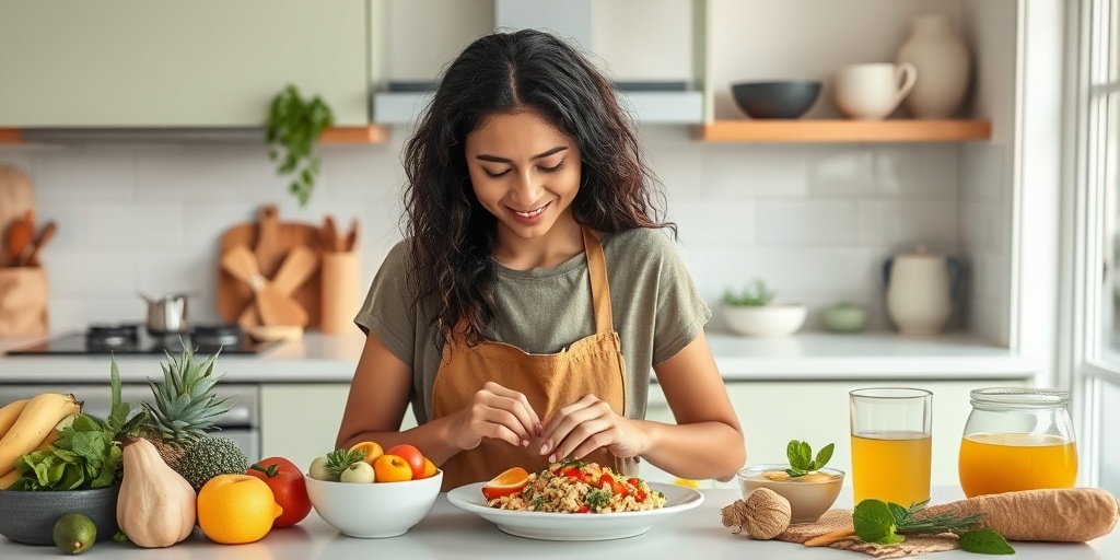 A parent prepares a healthy meal in a serene kitchen, showcasing fresh ingredients that alleviate abdominal migraine symptoms.  5.png