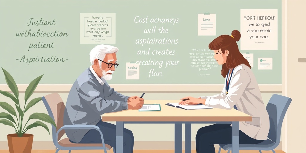 A patient collaborates with a therapist on rehabilitation goals, surrounded by motivational quotes in a calming environment.  5.png
