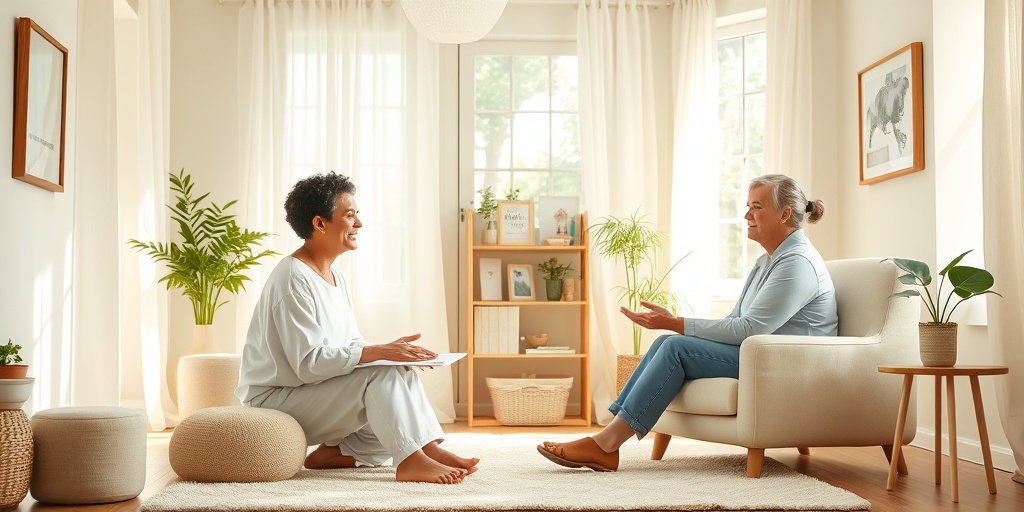 A patient engaging in cognitive behavioral therapy with a compassionate therapist in a cozy, soothing therapy room filled with natural light.  4.png