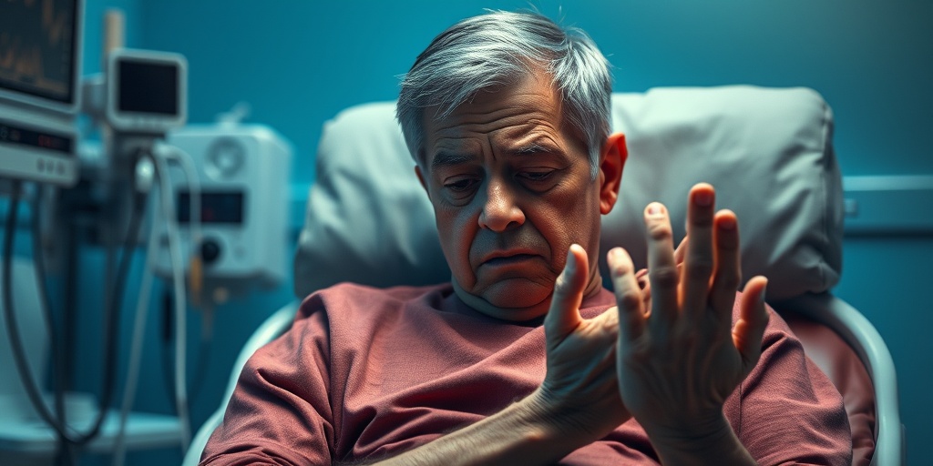 A patient in a clinical setting, displaying fatigue and swelling, surrounded by medical equipment and a blue hue.2.png