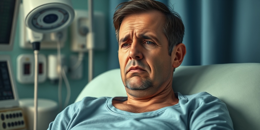 A patient in a clinical setting displays symptoms of pancreatic cancer, surrounded by medical equipment and a concerned expression.  2.png