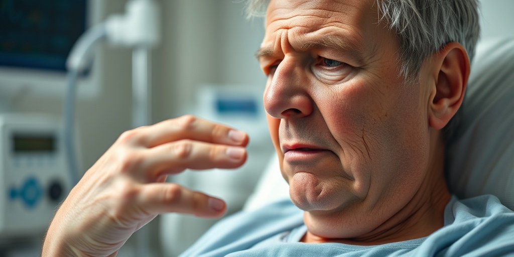 A patient in a clinical setting shows involuntary limb movements, conveying struggle amidst a serene color palette of whites and blues. 2.png