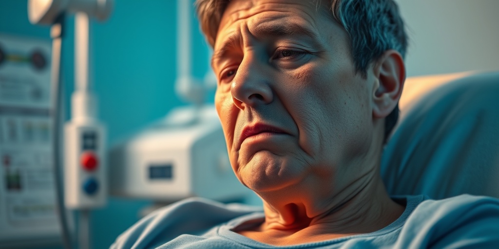 A patient in a clinical setting shows signs of multiple polyposis, surrounded by medical equipment and charts, conveying empathy.  2.png