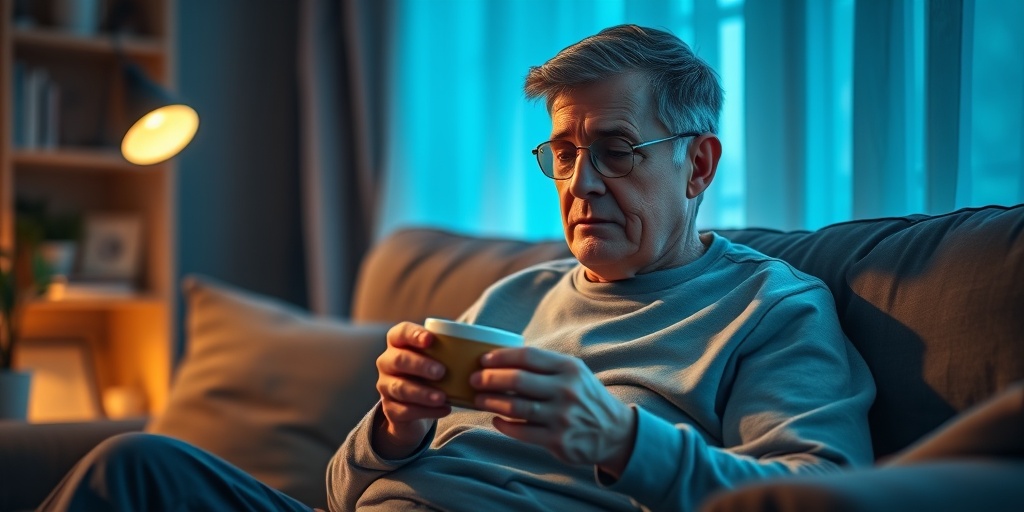 A patient reflects on Agnogenic Myeloid Metaplasia symptoms, sipping tea in a cozy, softly lit living room.  2.png