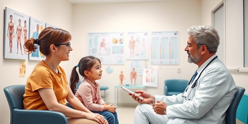 A pediatric clinic scene shows a doctor explaining treatment options to a young patient and their parent, emphasizing care.4.png