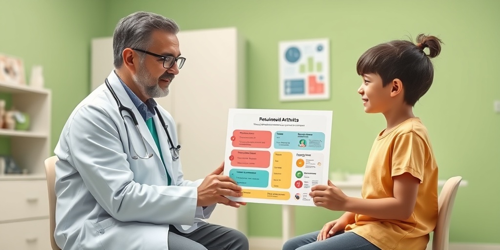 A pediatric rheumatologist consults a young patient, discussing treatment options in a bright, welcoming clinic.4.png
