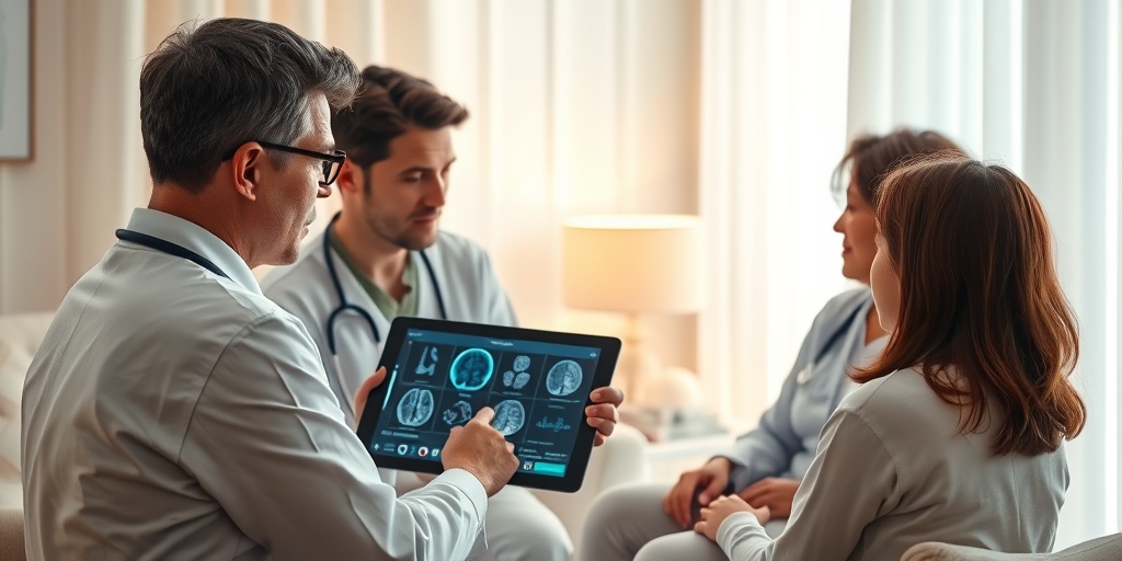 A pediatrician discusses Rett Syndrome with a concerned family, using a tablet to show brain scans in a calming environment.  3.png