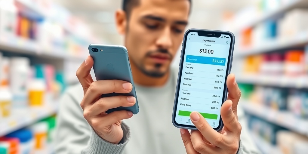 A person compares pharmacy prices using a smartphone in a bright aisle, showcasing a proactive approach to shopping for medications. 4.png