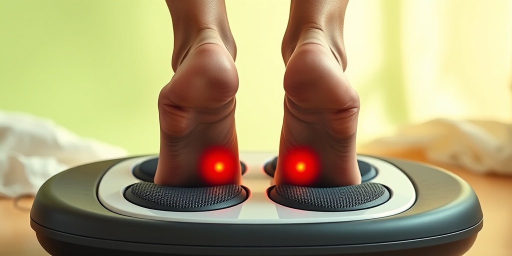 A person stands on a foot massager, showcasing tension in their arches with glowing red spots against a serene backdrop.2.png
