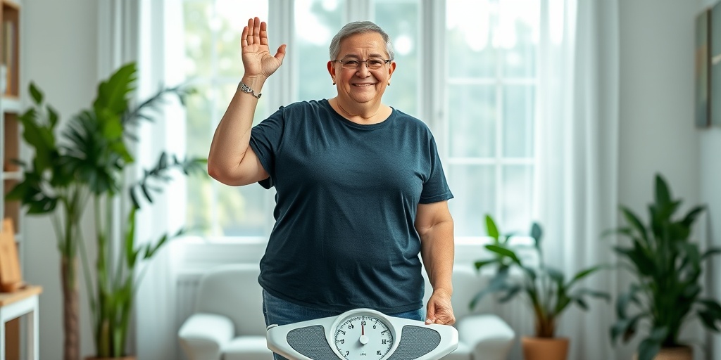 A person stands proudly on a scale in a serene home, celebrating their weight maintenance success with confidence and joy.  5.png