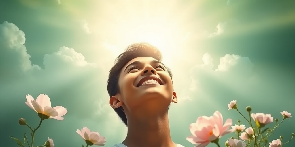 A person surrounded by symbols of hope, experiencing clarity and joy, highlighting prayer's positive impact.  2.png