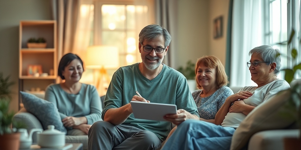 A person with AVM engaging in daily life, surrounded by family, showcasing resilience and support in a serene home.  5.png