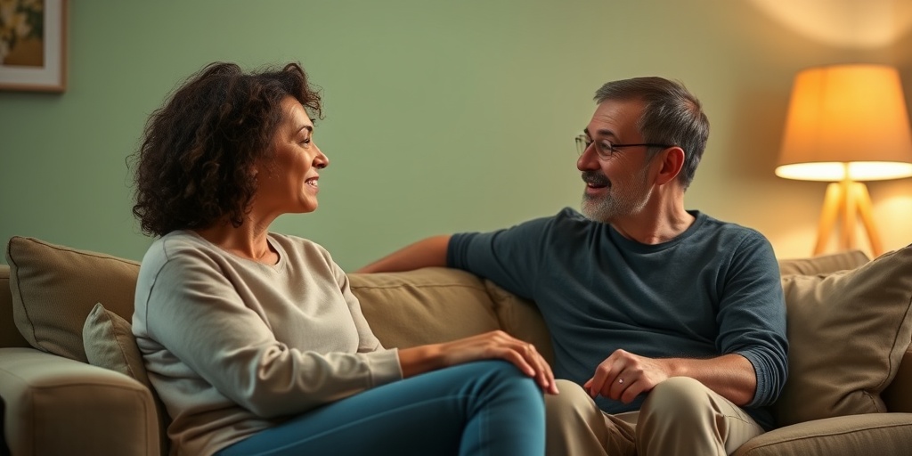 A person with Gayet-Wernicke Syndrome engages in a supportive conversation in a cozy living room filled with warm lighting.  4.png