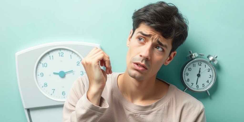 A person with a worried expression, surrounded by soft colors, symbolizing anxiety and weight loss due to thyrotoxicosis.  2.png