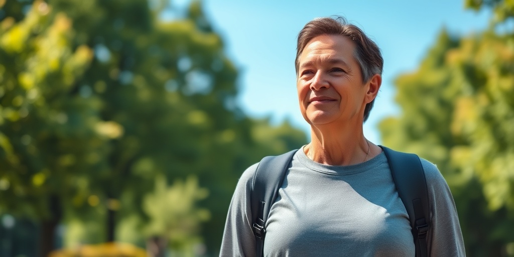 A person with secondary pulmonary hypertension walks in a park, smiling amidst lush greenery and a clear blue sky, symbolizing resilience.  5.png
