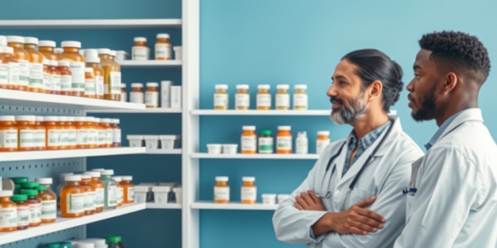 A pharmacy shelf displays various antiretroviral medications, while a healthcare professional consults with an engaged patient about treatment options.  4.png