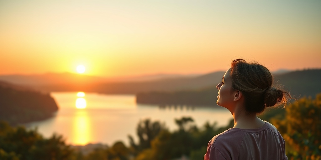 A serene landscape at sunrise, symbolizing hope and resilience, as a person gazes towards a brighter future. 5.png