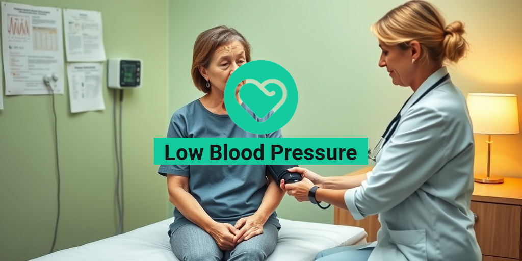 A serene medical office with a middle-aged woman on an exam table, showing concern for low blood pressure. β’ Yesil Health AI