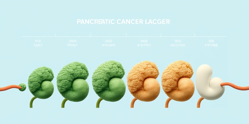 A series of images depicting the stages of pancreatic cancer, blending early to advanced stages with a respectful and informative tone.  4.png