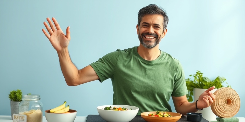 A smiling individual with thyrotoxicosis, engaging in healthy activities, surrounded by fresh vegetables and a yoga mat.  5.png